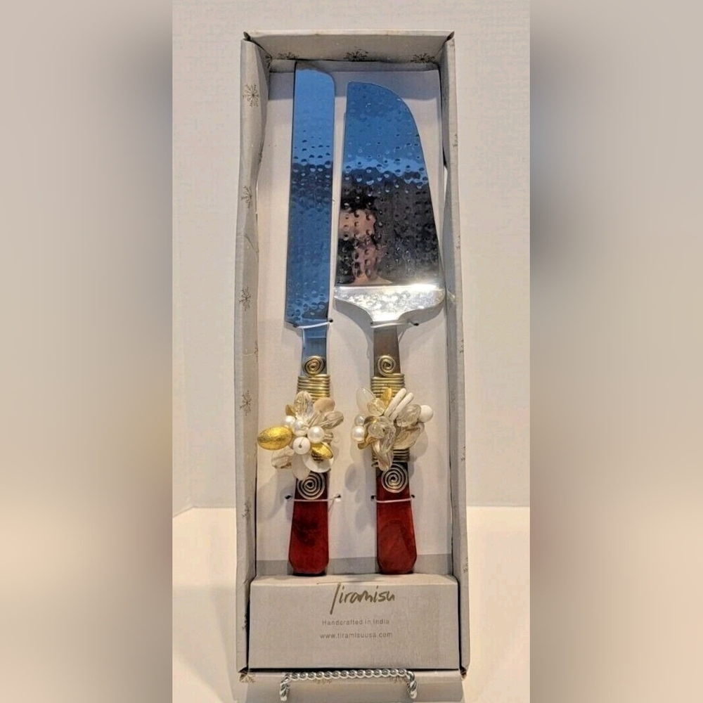 Tiramisu Cake Serving Set Red Handles w/ Metal Artwork, Beads, Crystals & Pearls